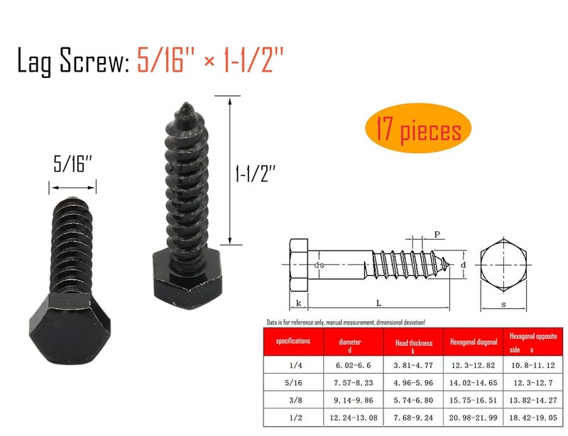LBY 17pcs Lag Screws, 5/16" x 1-1/2" Hex Head Lag Screws Bolts (with Washers), Heavy-Duty Wood Screws for Decking & Structural Fastening, 304 Stainless Steel, (Black) - Image 3
